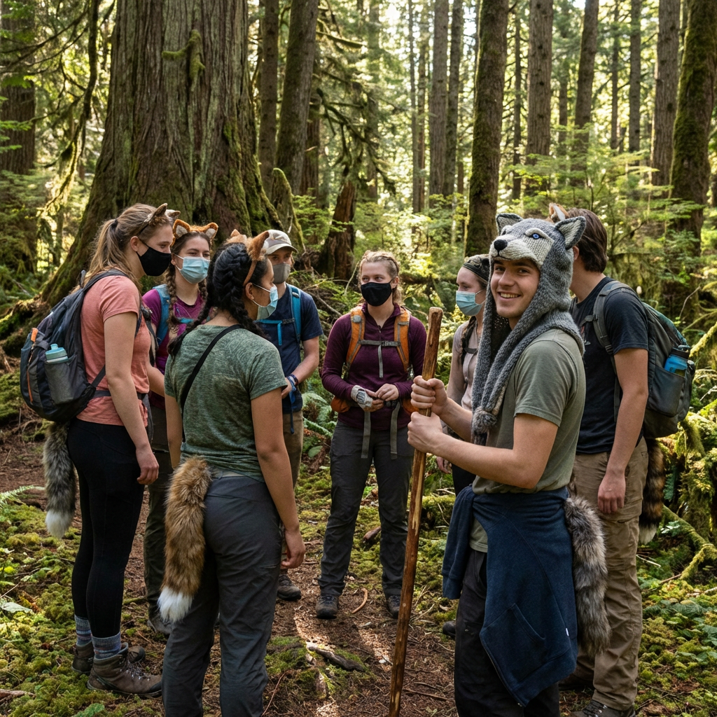Hikers in face masks and animal ears and tails gather in a mossy forest.
